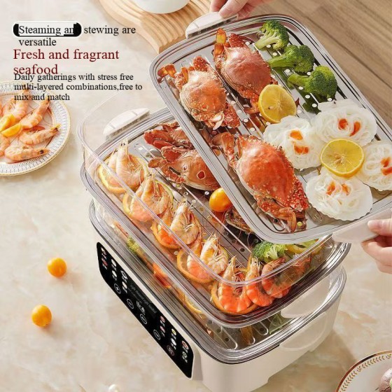 Secura 2 Stainless Steel Food Steamer 8.5 Qt Electric Glass Lid Vegetable Steamer Double Tiered Stackable Baskets with Timer